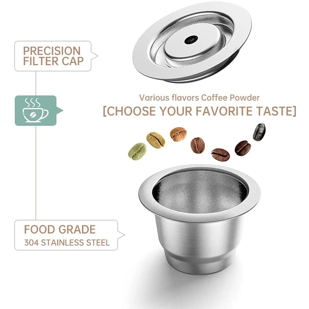 Reusable Coffee Capsule for Nespresso Stainless Steel Espresso Cups Refillable Coffee Pods Capsule with Tamper Dosing Ring