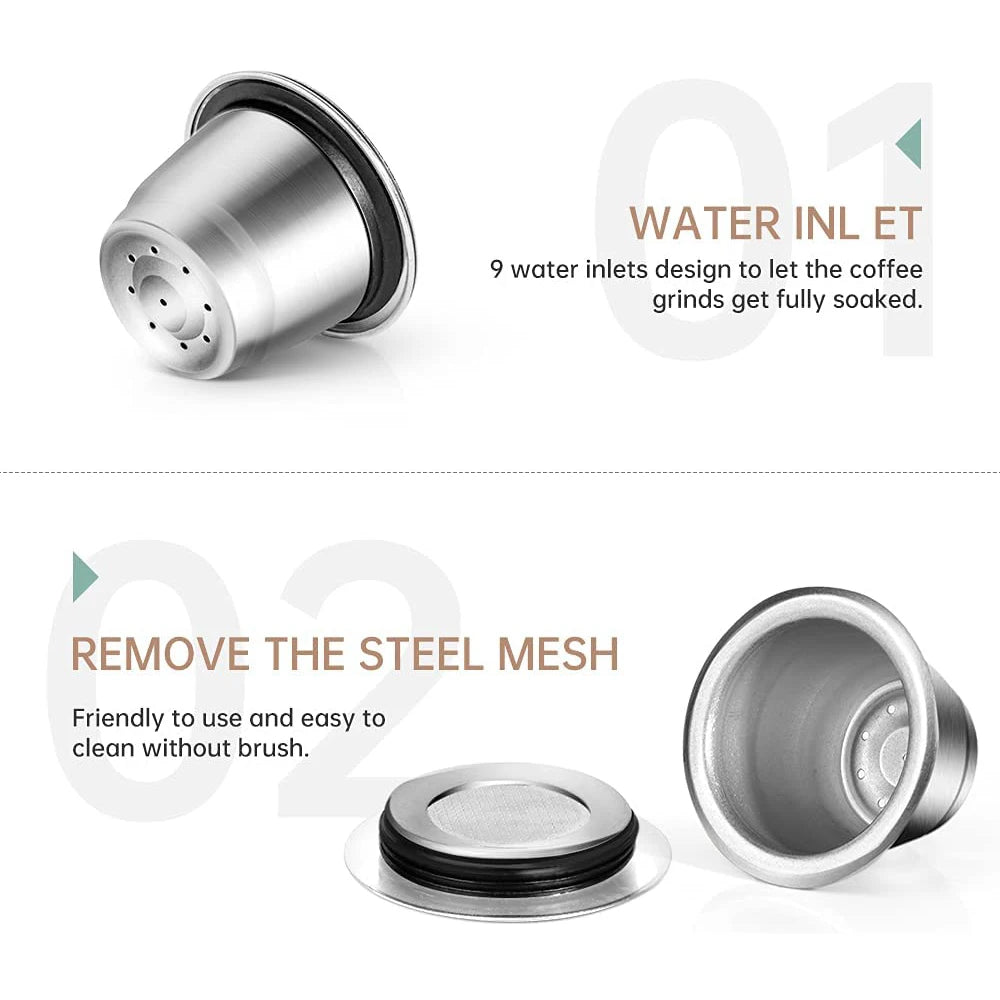 Reusable Coffee Capsule for Nespresso Stainless Steel Espresso Cups Refillable Coffee Pods Capsule with Tamper Dosing Ring